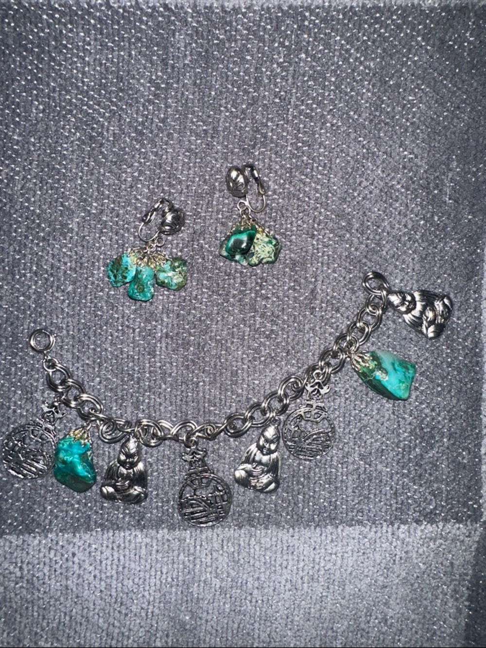 Vintage Silver Tone Asian Inspired Charm Bracelet & Clip on Earrings with beads